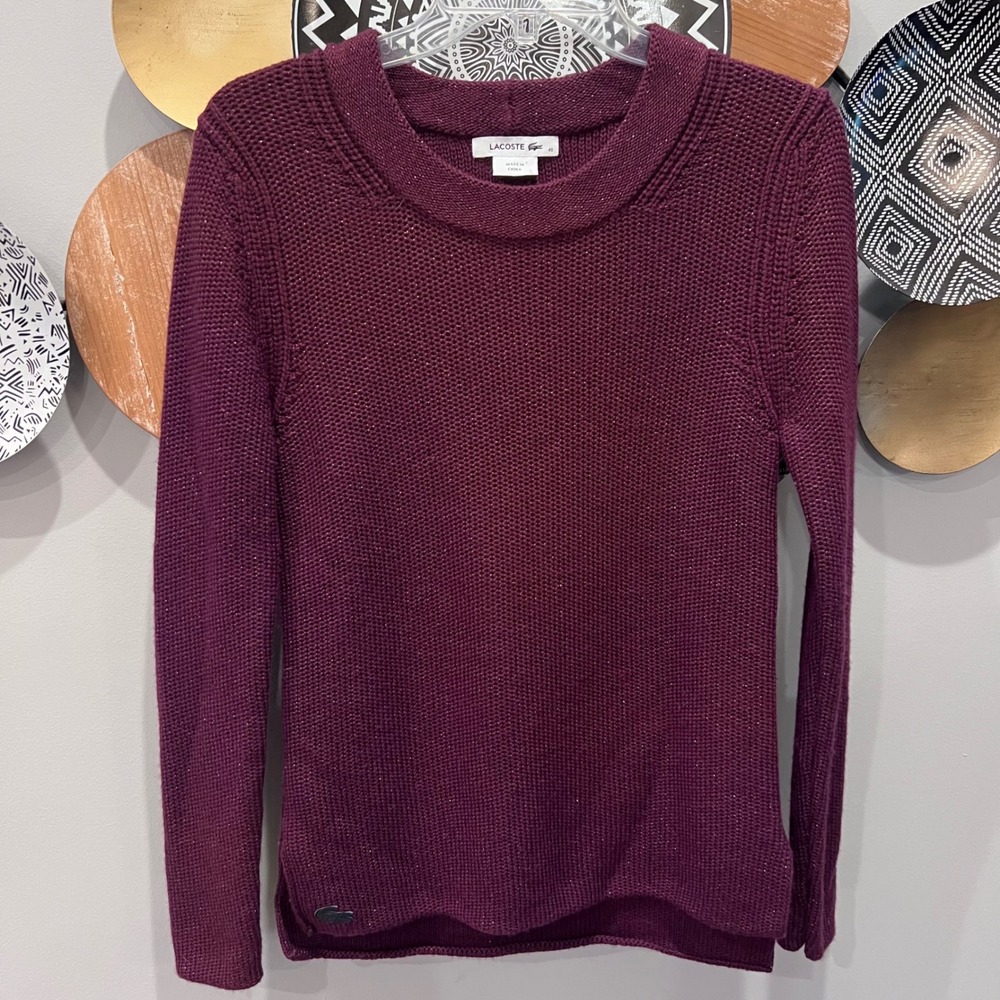 Lacoste Womens‎ Burgundy Wool Blend Metallic Shimmer Knit Sweater AF5154 Size 40